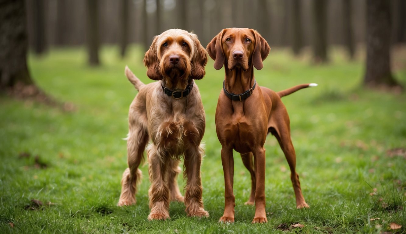 Two dogs with brown coats stand alert on grass in a forested area, resembling vigilant hunting dogs.