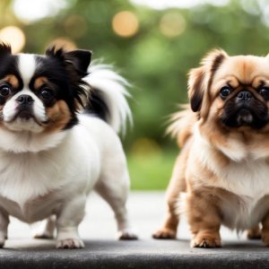 Two small, fluffy toy breeds stand side by side on a stone platform, with greenery blurred in the background.