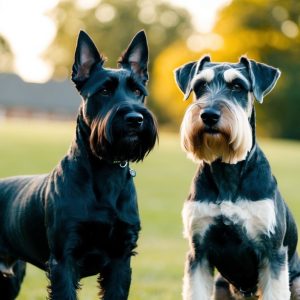 Two schnauzers, one black and the other black-and-white, stand on green grass with trees and a building in the background, inviting a breed comparison with their larger cousin, the Giant Schnauzer.