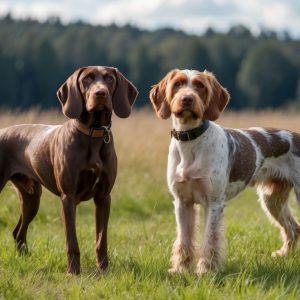Two dogs stand on grass in a field, one with dark brown fur and the other with brown and white fur, resembling a Wirehaired Pointing Griffon. Trees and a cloudy sky form the background.