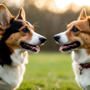 Two corgis, a Cardigan Welsh Corgi with a black and tan coat and a Pembroke Welsh Corgi with a red and white coat, face each other in a grassy area. Both sport red collars and have tongues playfully out, highlighting their charming differences.