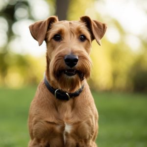 An Irish Terrier with a wiry coat and floppy ears sits on grass, looking directly at the camera. Essential accessories peek from its side as trees blur in the background.