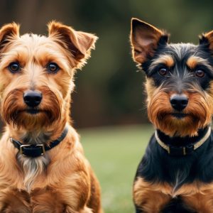 Two small terriers, reminiscent of an Irish Terrier and Airedale Terrier, sit side by side on the grass. One is light-brown while the other boasts black with tan markings, both staring forward intently.
