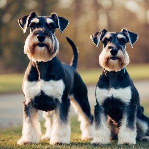 Two black and white Miniature Schnauzers stand proudly on the grass by a pathway, surrounded by trees in the background.