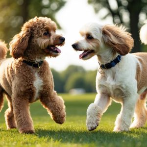 Two Cavapoos with curly fur happily playing on the grass in a park.