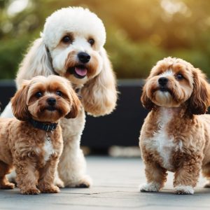 Three fluffy-coated Poodle Mixes stand on a paved surface outdoors, with lush greenery in the background.