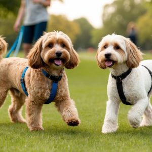 Two dogs, potentially Poodle mixes, walk on leashes in a grassy park. One is light brown and the other white, both wearing harnesses. A person in the background holds the leashes.