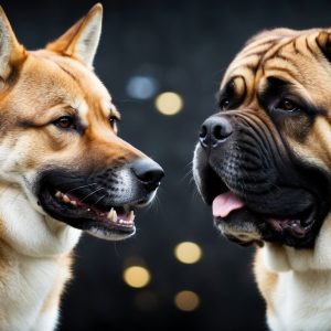 A Jindo with pointy ears meets a Korean Mastiff with a wrinkled face. Their distinct traits contrast beautifully as they interact against a dark background adorned with small light spots.