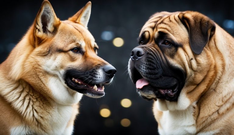A Jindo with pointy ears meets a Korean Mastiff with a wrinkled face. Their distinct traits contrast beautifully as they interact against a dark background adorned with small light spots.