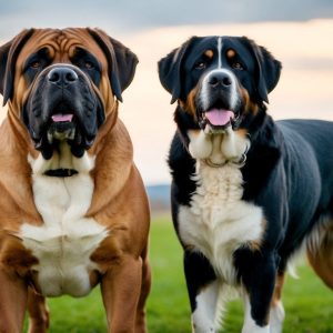 A Leonberger stands proudly on the left, its brown and muscular form perfect for a giant breed comparison. Beside it, a Spanish Mastiff with black fur accented by white and tan markings poses on the grass, both dogs’ mouths slightly open in a shared moment of contentment.