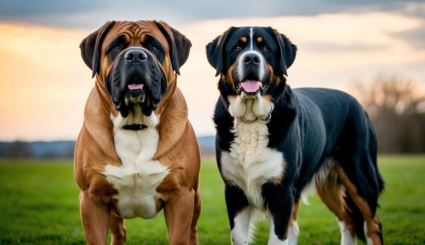 A Leonberger stands proudly on the left, its brown and muscular form perfect for a giant breed comparison. Beside it, a Spanish Mastiff with black fur accented by white and tan markings poses on the grass, both dogs’ mouths slightly open in a shared moment of contentment.