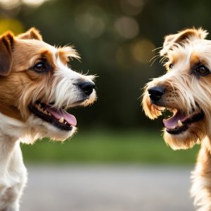 Two spirited breeds, a Russell Terrier and a Cairn Terrier, with tan and white fur face each other outdoors. Both have open mouths, appearing playful and friendly.