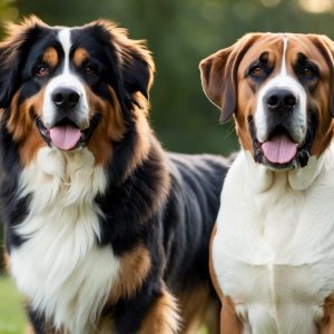 Two large dogs, possibly a Bernese Mountain and a brown-and-white Saint Bernard, stand outdoors on grass with their tongues out. Their giant breed comparison is striking against the blurred backdrop of trees.