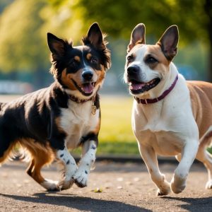Two happy mixed breed dogs, a black-and-brown and a brown-and-white one, run side by side on a paved path in a sunlit park with trees in the background.