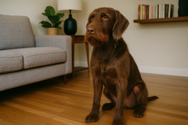 A chocolate brown pudelpointer sits on a wooden floor in a living room with a gray sofa, a potted plant, a lamp, and a bookshelf in the background.
