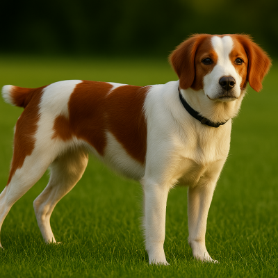 A brown and white Brittany with a black collar stands on green grass, looking forward.