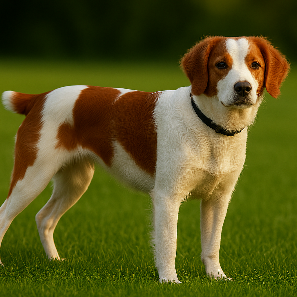 A brown and white Brittany with a black collar stands on green grass, looking forward.