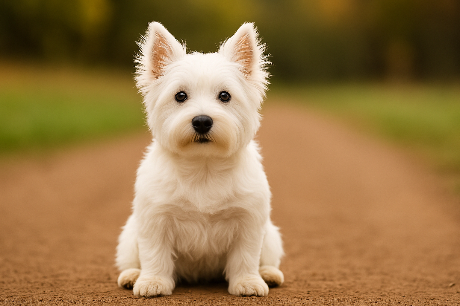 A small white westie with pointed ears sits on a dirt path outdoors, facing the camera. The background is blurred with green and yellow tones.
