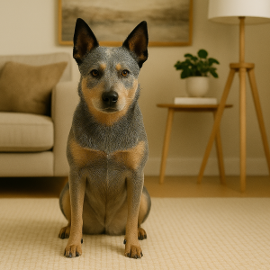A blue heeler, perfect for australian stumpy cattle dog gifts, sits on a beige rug in a living room with a sofa, plant, lamp, and framed wall art in the background.