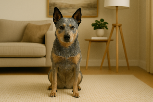 A blue heeler, perfect for australian stumpy cattle dog gifts, sits on a beige rug in a living room with a sofa, plant, lamp, and framed wall art in the background.