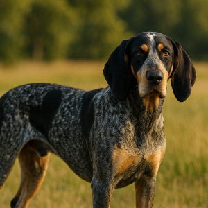 A black and gray dog with tan markings, resembling those featured in popular bluetick coonhound gifts, stands in a grassy field with trees in the blurred background.