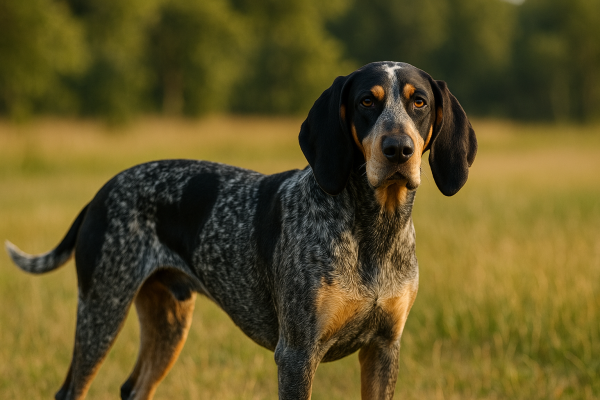 A black and gray dog with tan markings, resembling those featured in popular bluetick coonhound gifts, stands in a grassy field with trees in the blurred background.