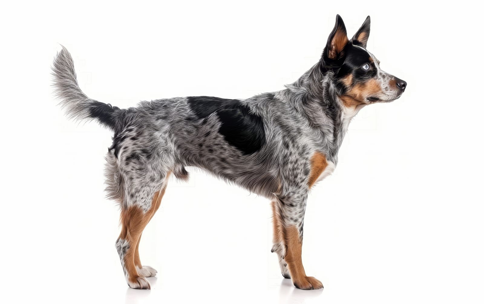 Australian Cattle Dog standing in profile on white background, displaying a speckled coat with black, white, and tan markings.