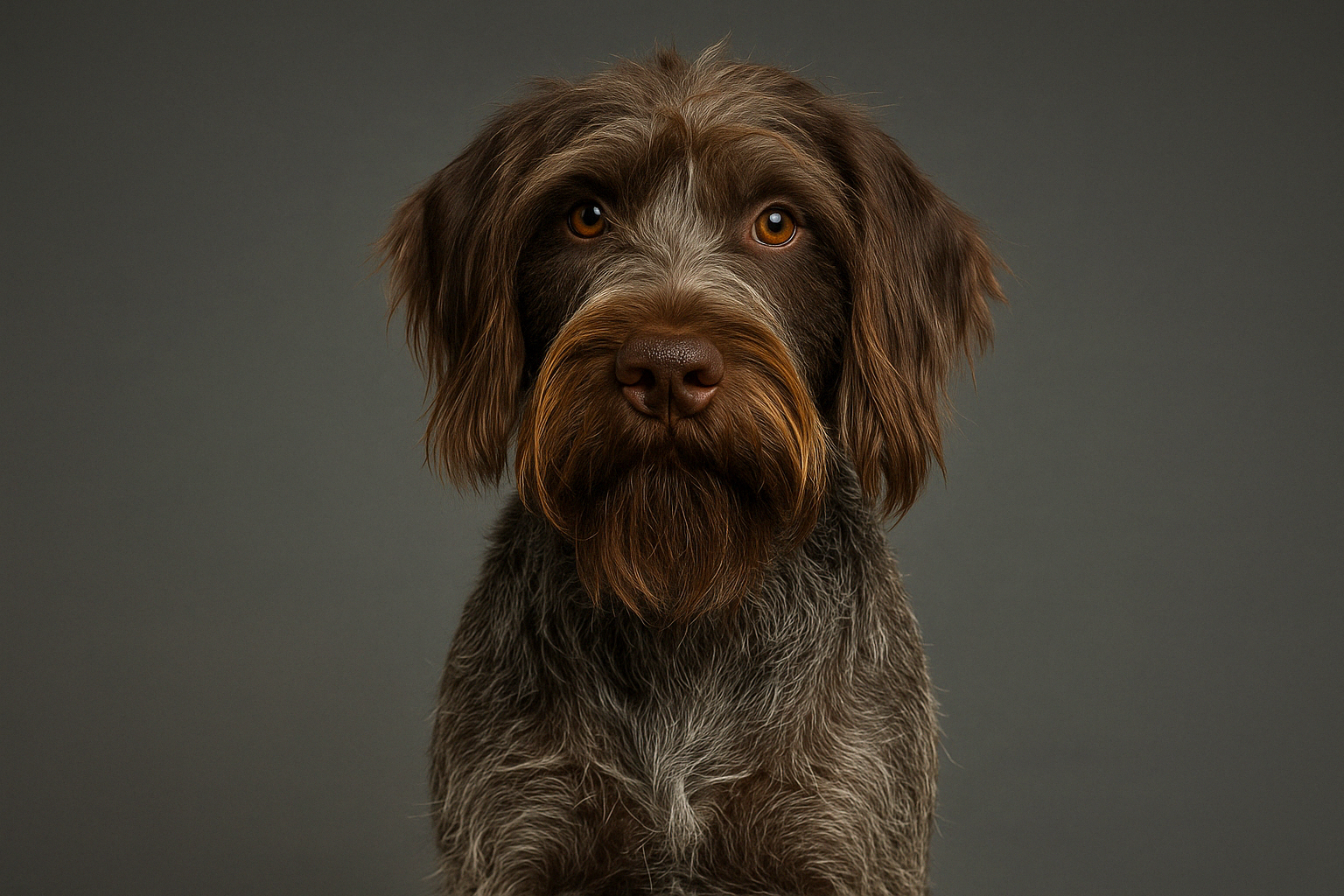 A german wirehaired pointer with a wiry brown and gray coat and striking amber eyes sits facing forward against a plain gray background.
