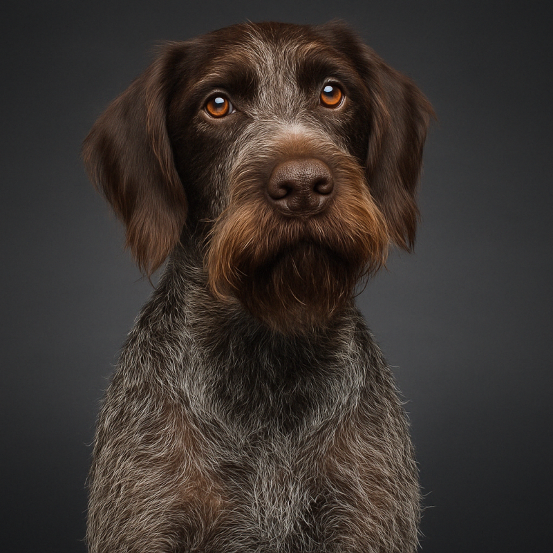 A german wirehaired pointer with brown and gray fur sits against a dark background, looking slightly upward with an alert expression.