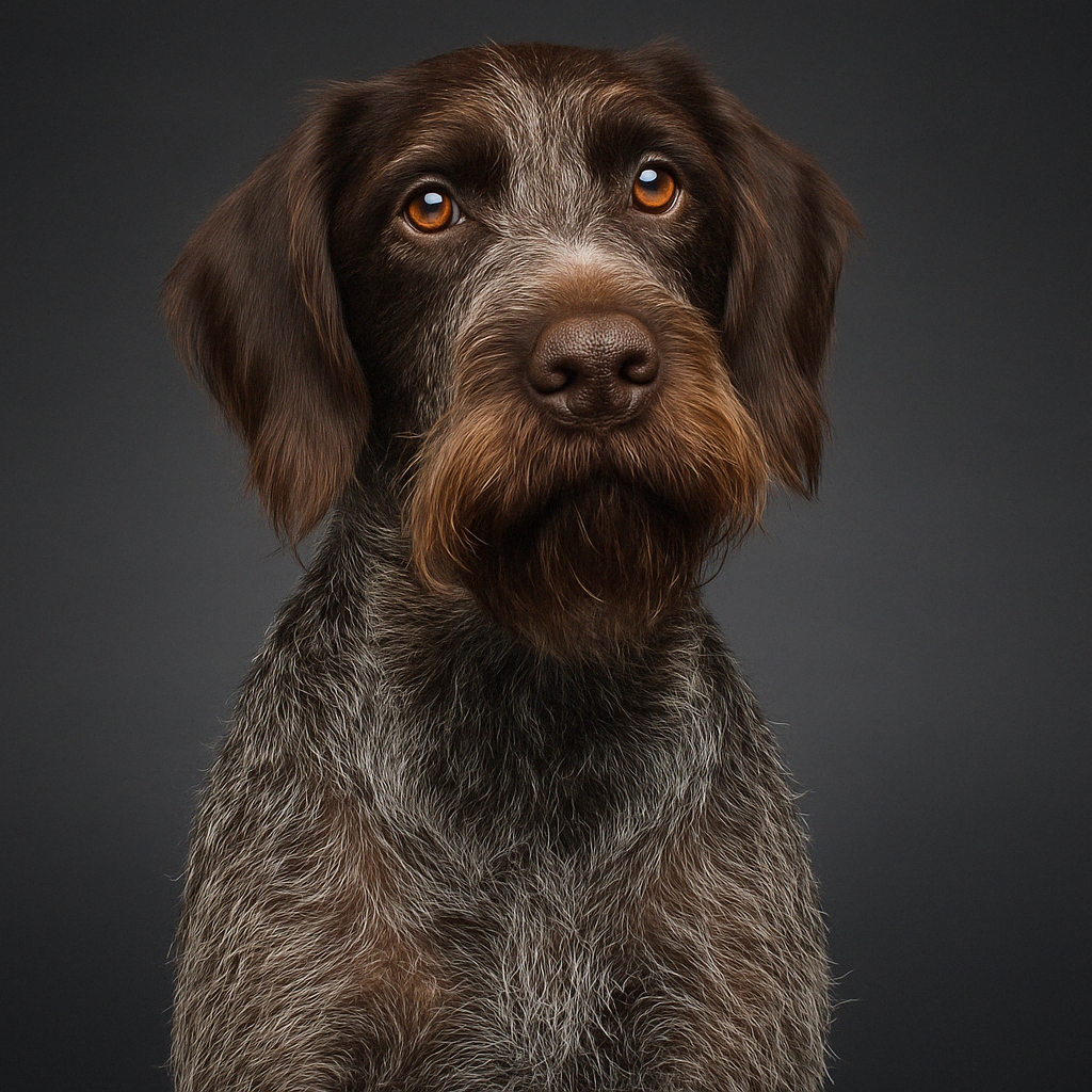 A german wirehaired pointer with brown and gray fur sits against a dark background, looking slightly upward with an alert expression.
