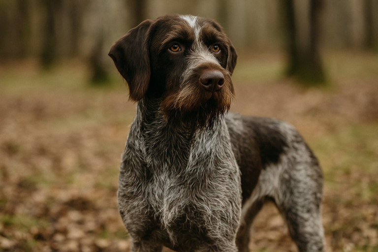 A german wirehaired dog with a brown and gray coat stands alert in a forest, surrounded by fallen leaves on the ground.