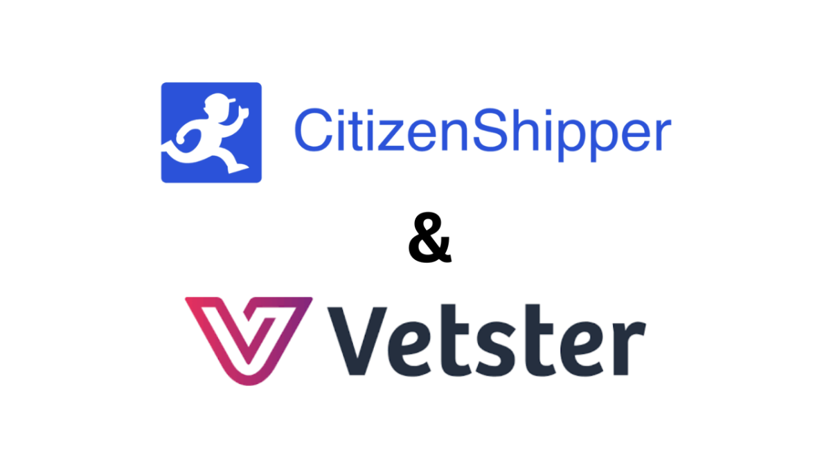 CitizenShipper and Vetster logos are displayed, separated by an ampersand, highlighting their partnership for seamless pet transportation and care.