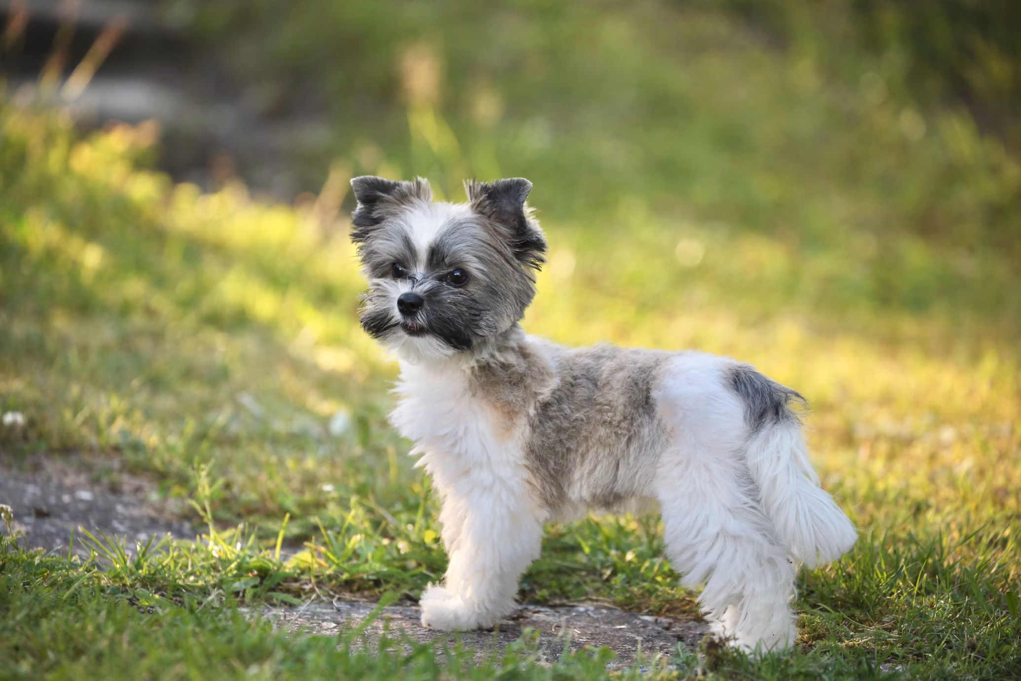 Small, fluffy biewer terrier with grey and white fur standing on grass in an outdoor setting with sunlight in the background.