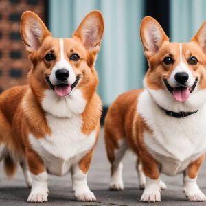 Two adorable corgis with brown and white coats stand side by side on a pavement, both looking forward with their tongues out.