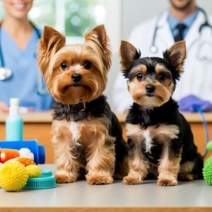 Two Yorkshire Terriers and a curious Yorkipoo sit on a table surrounded by grooming supplies. In the background, two people in veterinary uniforms stand ready to provide expert care.