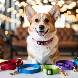 A corgi with a stylish pink collar sits proudly on a table, surrounded by six vibrant and colorful dog leashes laid out in front.