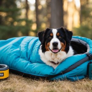 A Bernese Mountain Dog is cozily lying in a blue sleeping bag outdoors, surrounded by camping gear on the grass with trees forming a serene backdrop.