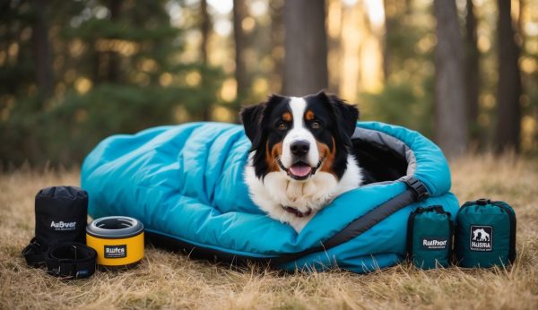 A Bernese Mountain Dog is cozily lying in a blue sleeping bag outdoors, surrounded by camping gear on the grass with trees forming a serene backdrop.