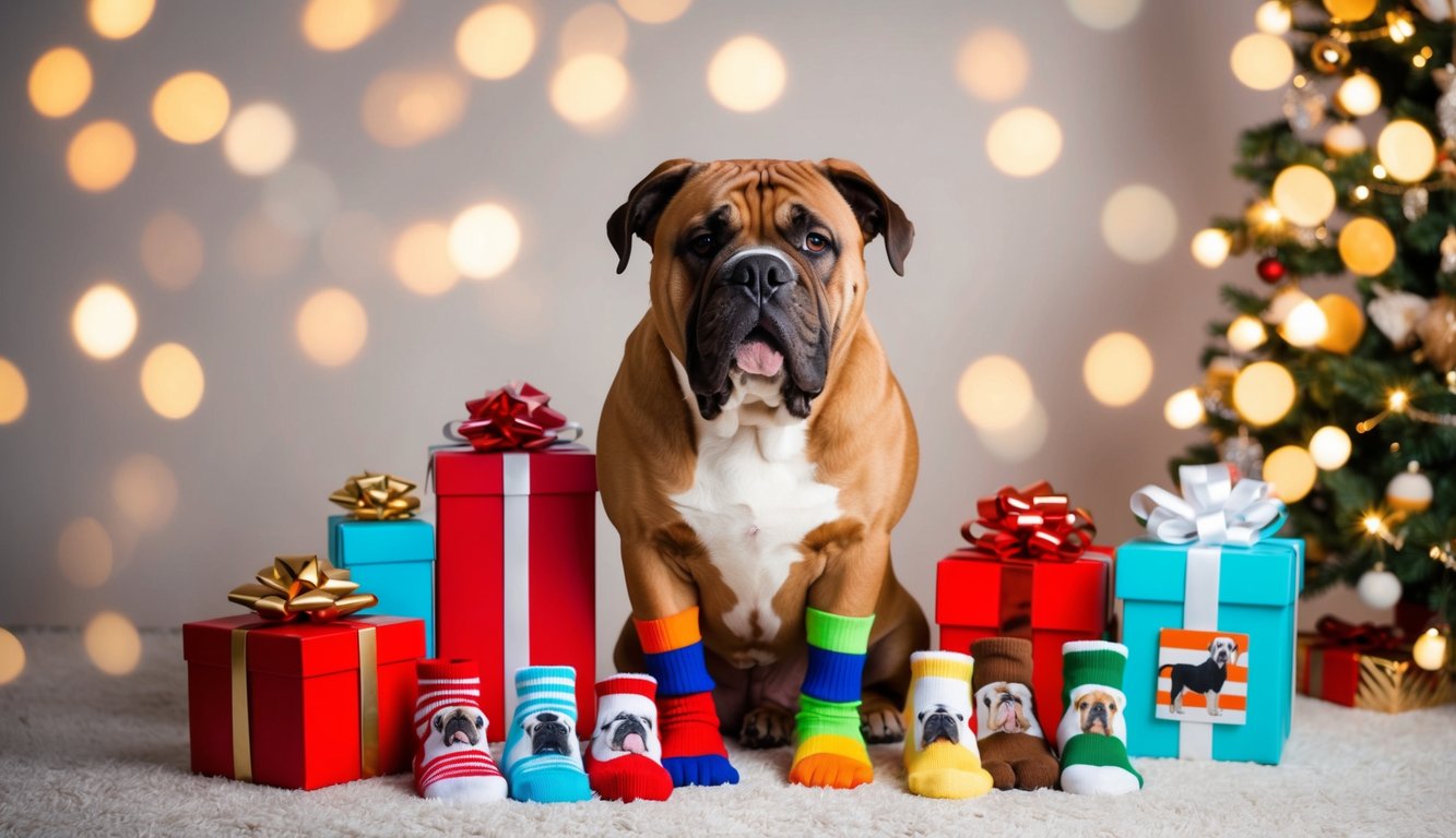 A Bullmastiff, decked in colorful socks, sits among wrapped gifts beneath a twinkling Christmas tree. A delightful scene for dog lovers celebrating the season.