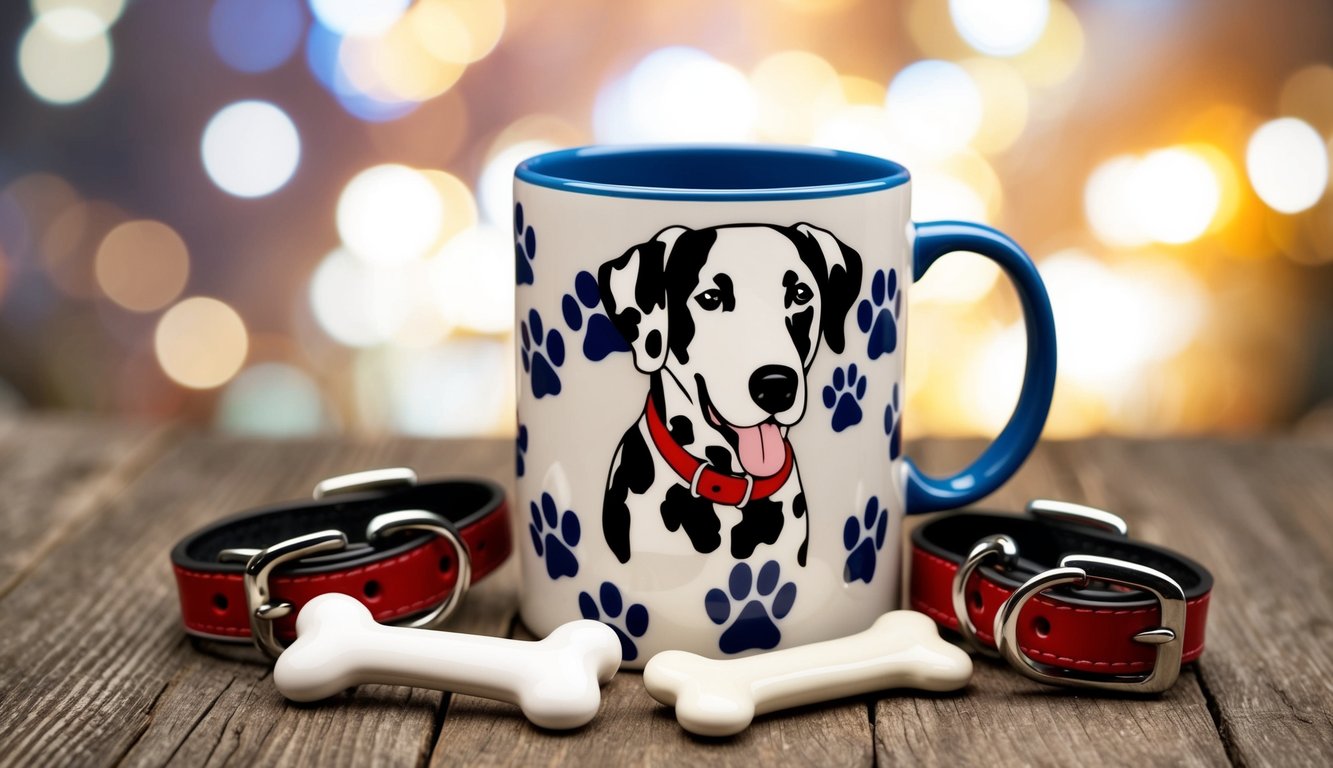 A mug featuring a Dalmatian design and paw prints sits amid two red dog collars and bone-shaped objects on a wooden surface, perfect for spotted dog lovers seeking unique ideas. The bokeh background enhances this delightful scene, ideal for Dalmatian gifts.