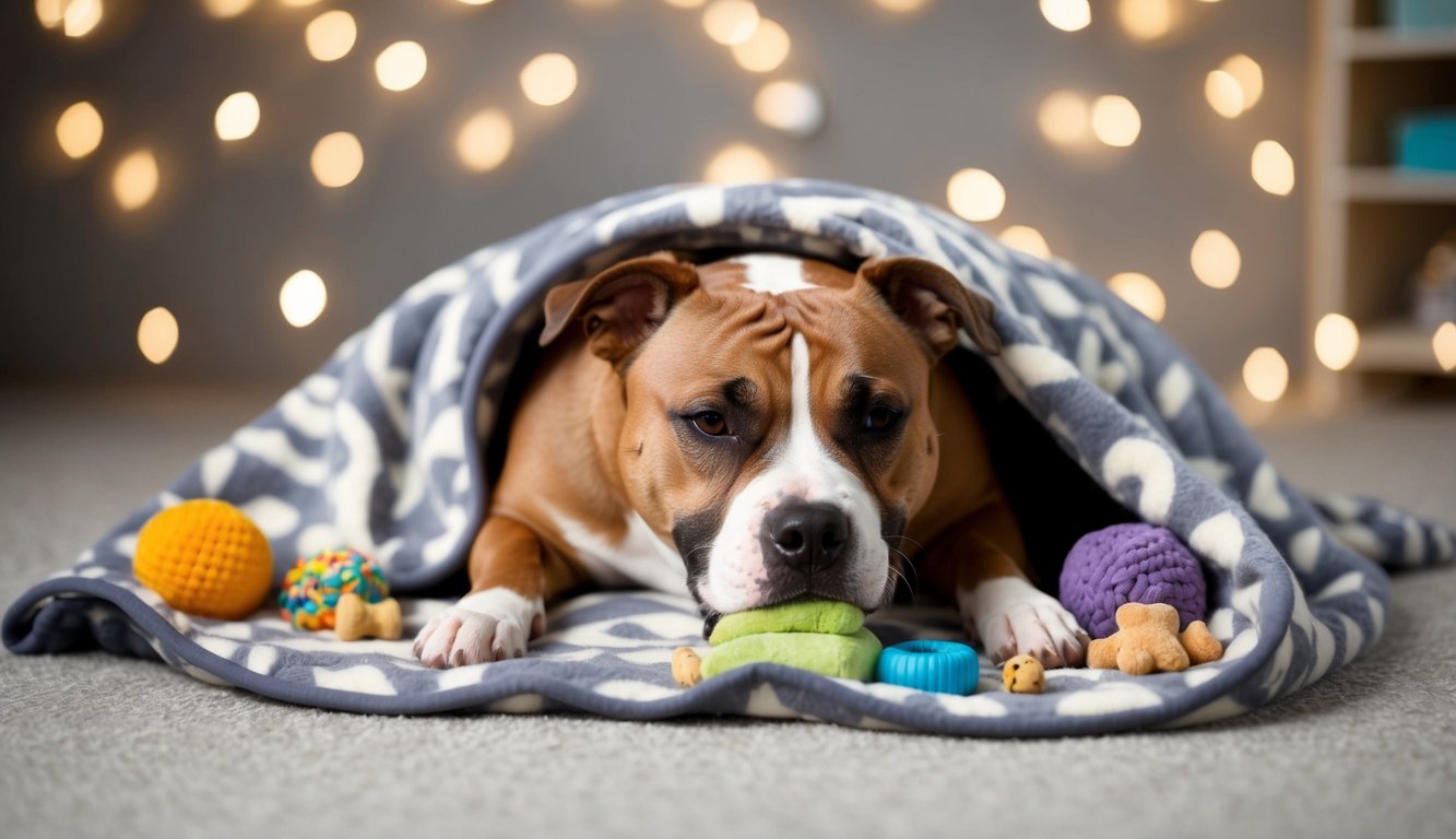 A Staffordshire Bull Terrier snuggled up on a cozy personalized blanket, surrounded by their favorite toys and treats