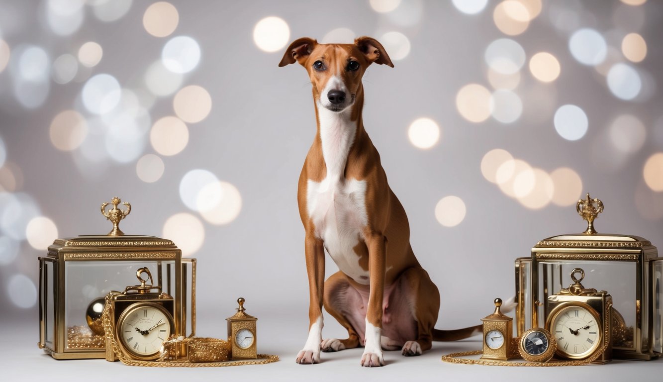 A Whippet sitting regally with a proud stance, alert ears, and gentle eyes, surrounded by elegant and luxurious accessories
