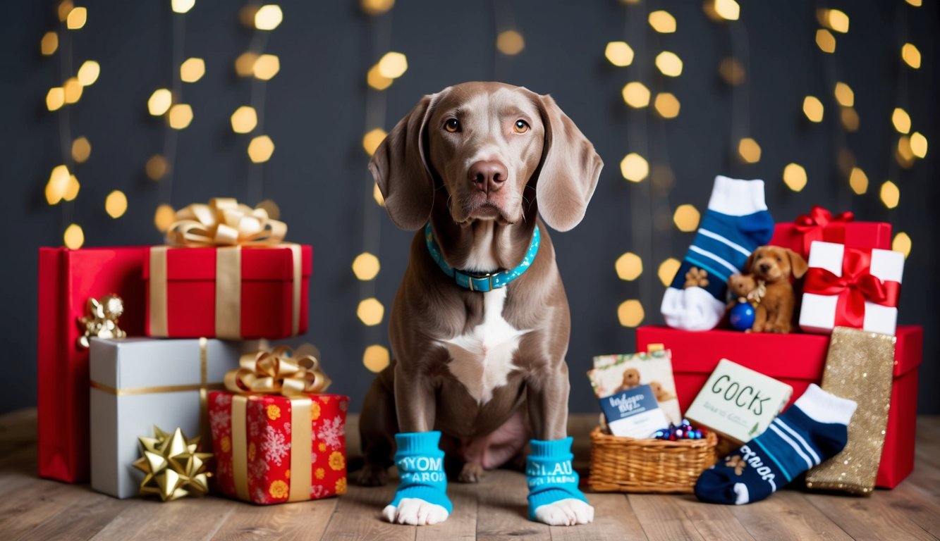 A Weimaraner dog wearing custom socks, surrounded by dog-related gifts and accessories