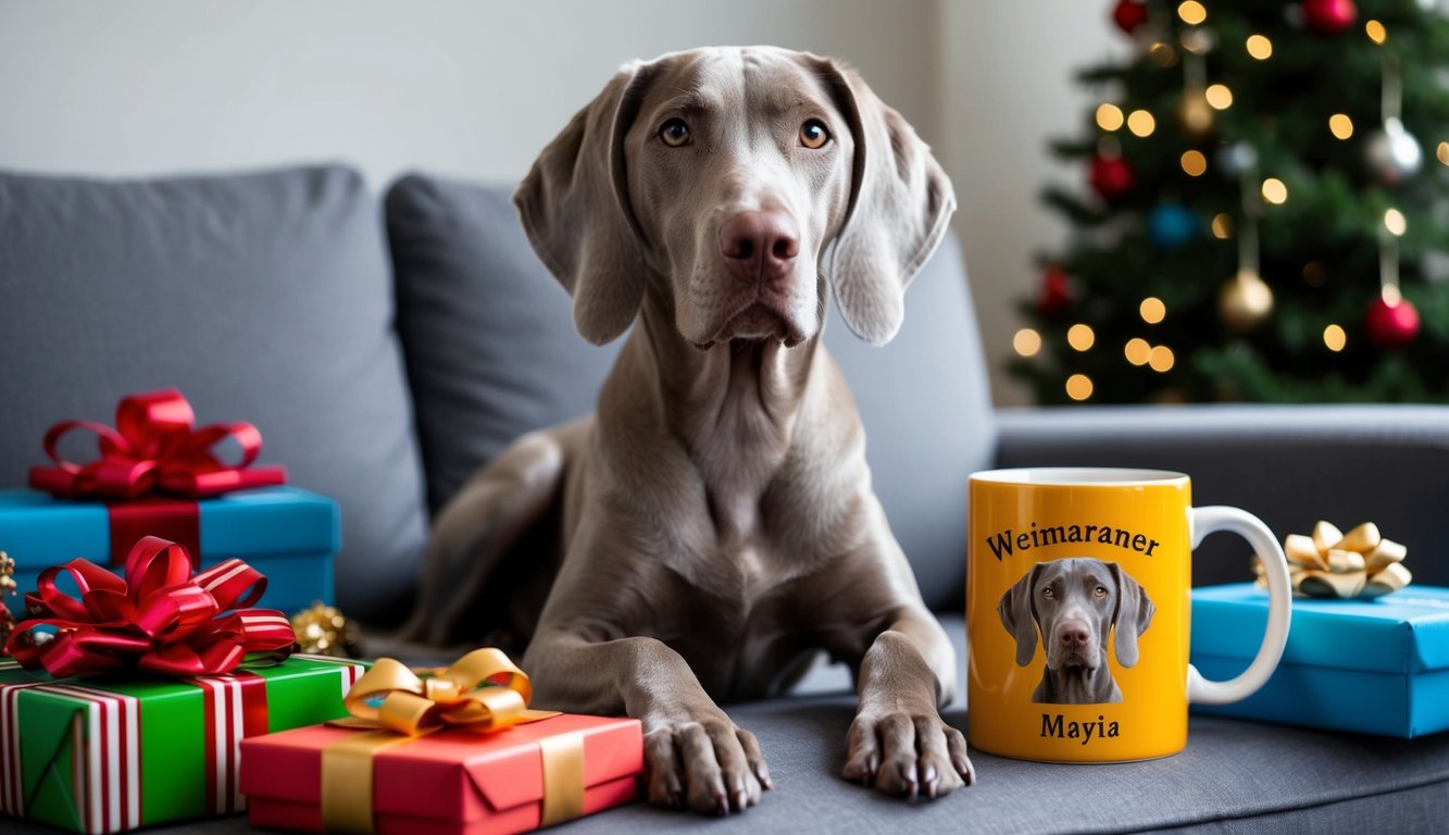 A Weimaraner dog with a sleek silver-grey coat sits proudly beside a personalized mug adorned with its breed, surrounded by gifts and toys