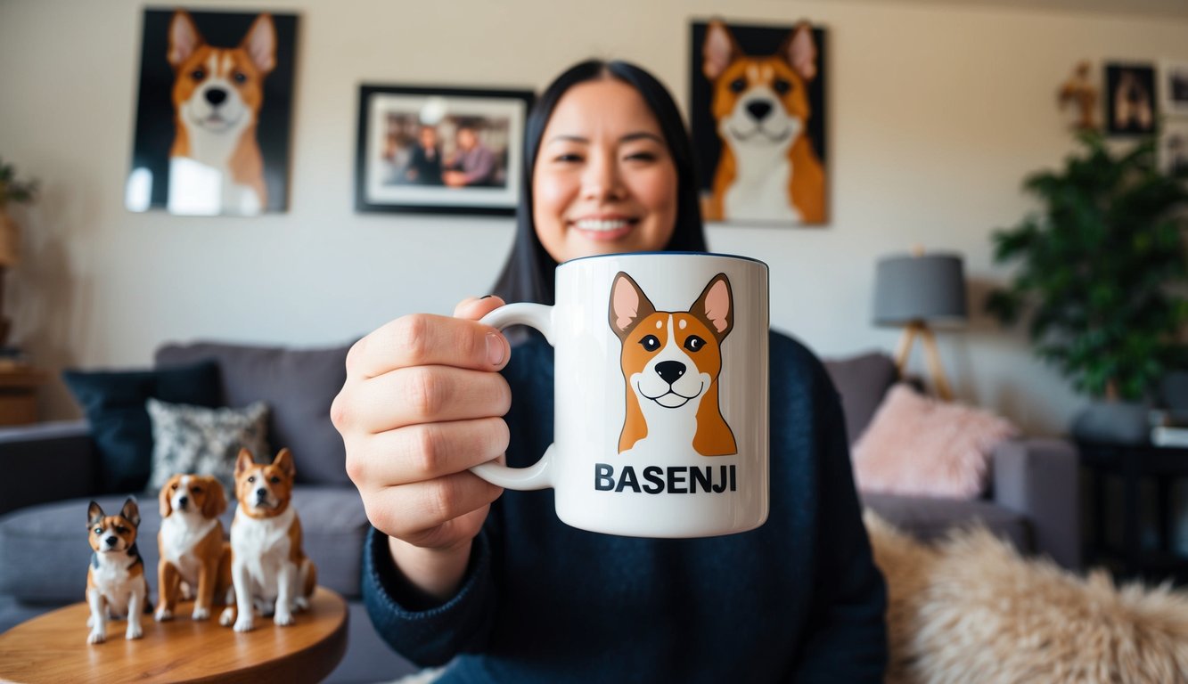A cozy living room with a person holding a Basenji-themed mug, surrounded by Basenji-related items like figurines, photos, and artwork