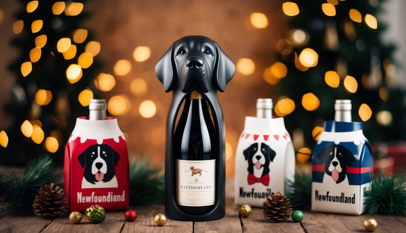 A wine bottle holder shaped like a Newfoundland dog, surrounded by other Newfoundland-themed gifts