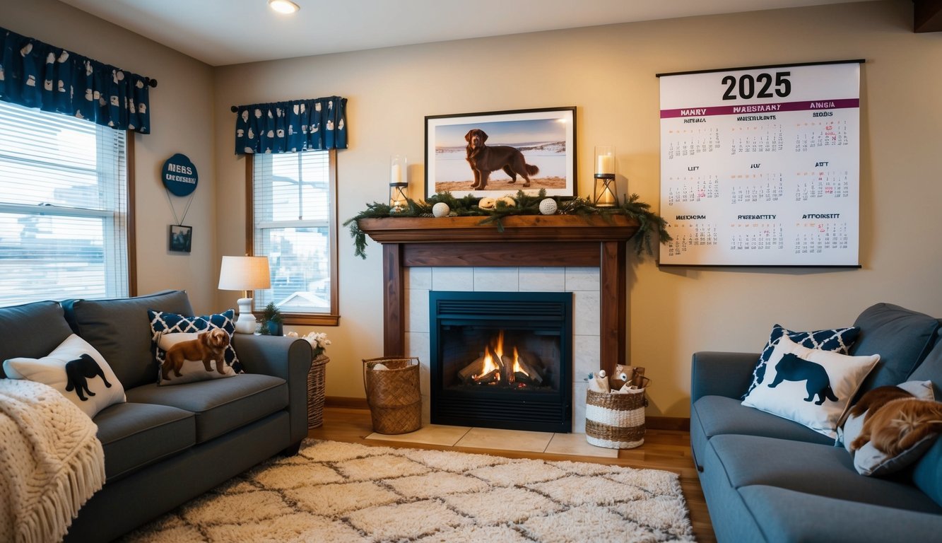 A cozy living room with a fireplace, adorned with Newfoundland-themed decor and a calendar for 2025 prominently displayed on the wall