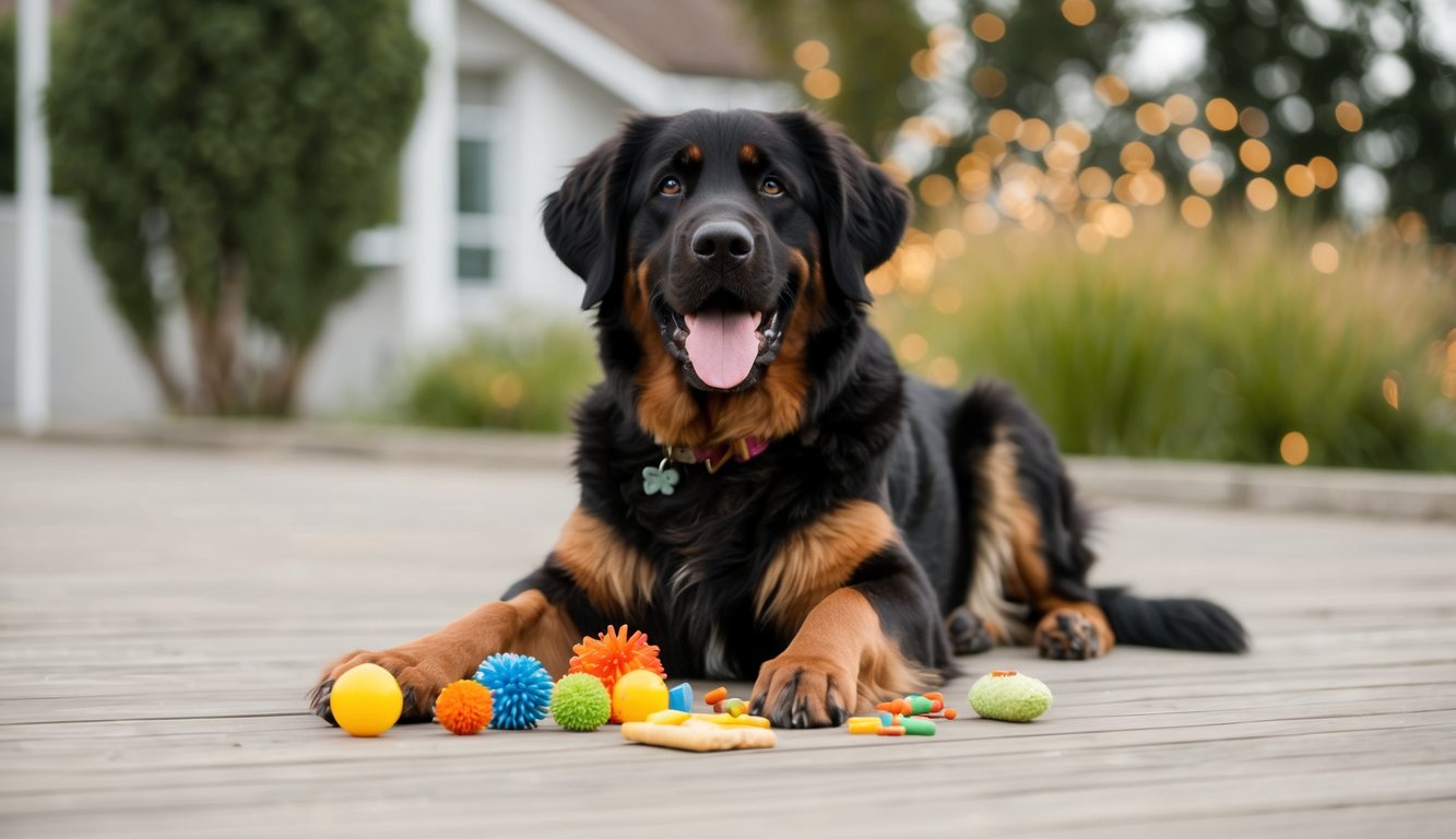 A Leonberger dog happily playing with a variety of toys and treats