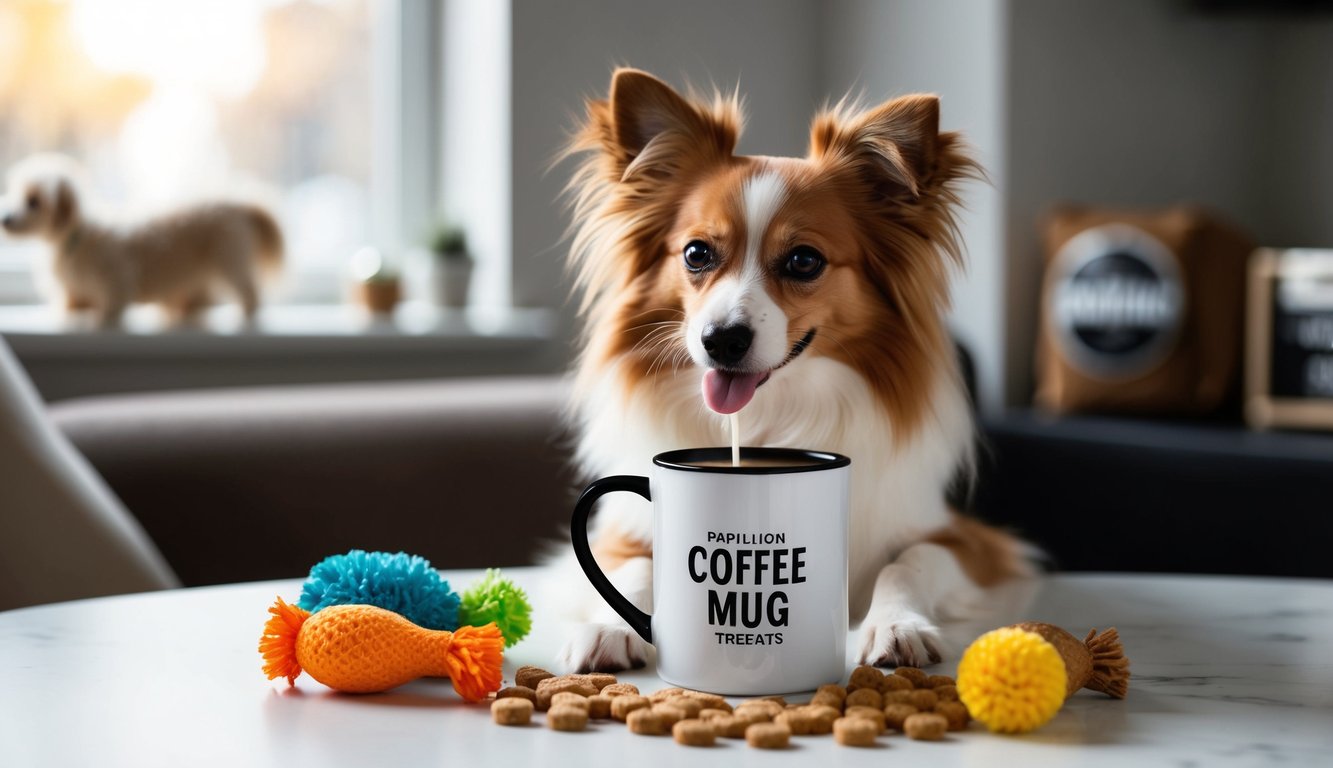 A papillon dog happily sipping from a papillon breed coffee mug surrounded by dog toys and treats