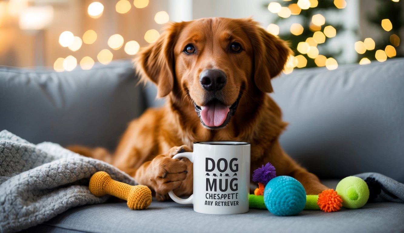 A Chesapeake Bay Retriever happily holds a custom mug surrounded by dog toys and a cozy blanket